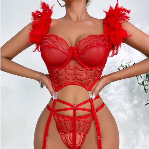 Sexy Red Cabaret Valentine Feather Corset Lingerie Garter Costume - Picture 5 of 13